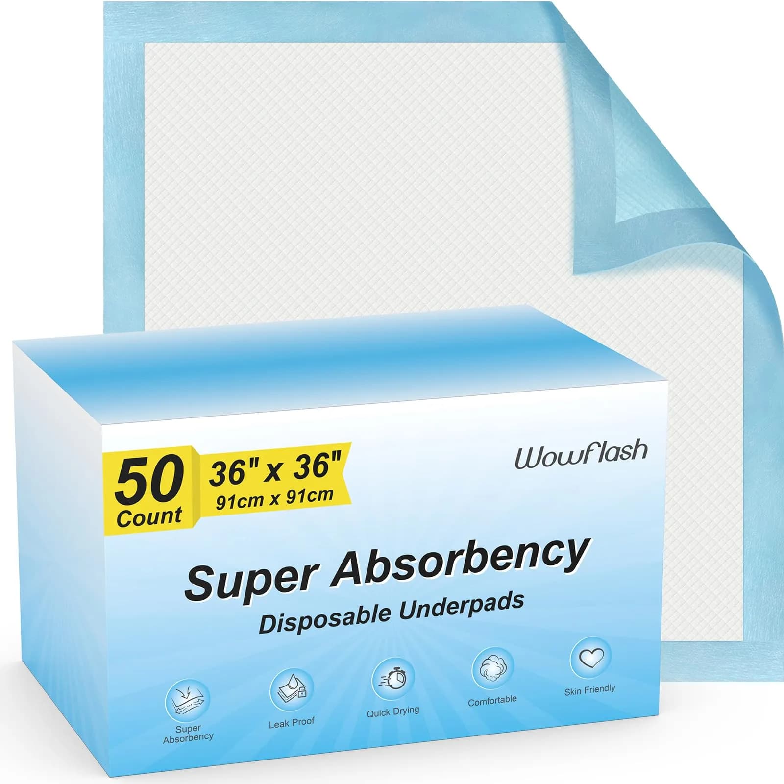 Wowflash Super Absorbency Disposable Underpads 91cm x 91cm (50 Count) | 5-Layer Protection for Adults, Babies, and Pets