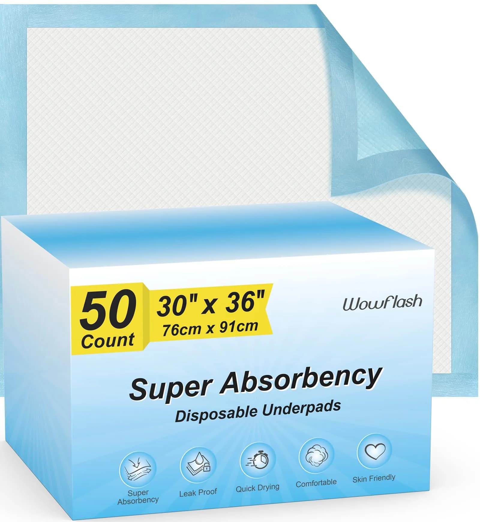 Wowflash Super Absorbency Disposable Underpads 76cm x 91cm (30" x 36") | 5-Layer Leakproof Protection — 30" x 36"