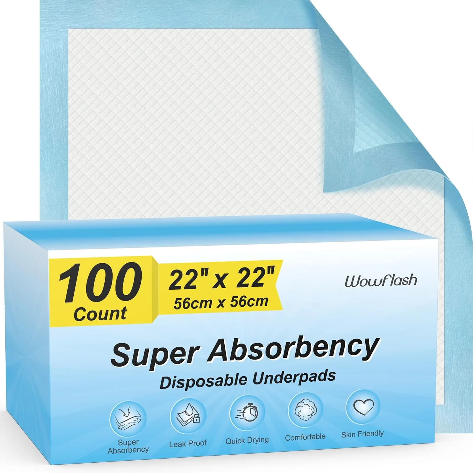 Wowflash Super Absorbency Disposable Underpads 76cm x 91cm (30" x 36") | 5-Layer Leakproof Protection — 22" x 22"