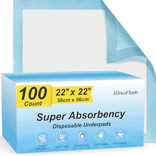 Wowflash Super Absorbency Disposable Underpads 100 Count 55.9 x 55.9 cm (22" x 22") | Leakproof & Quick Drying for Adults, Babies, Pets thumbnail 1
