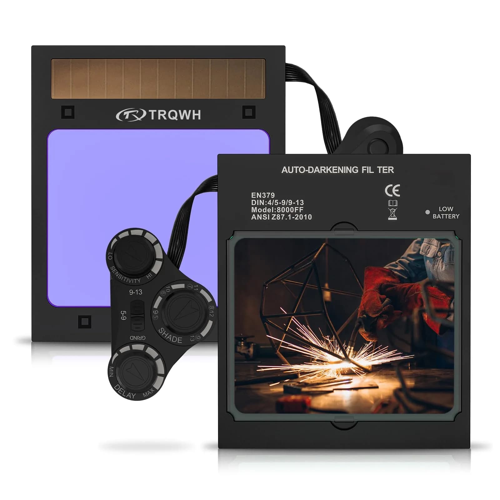 TRQWH Auto Darkening Welding Lens 11.4 x 13.3 cm (4.49 x 5.24in) True Color Solar Powered | 4 Arc Sensor Shade 5-9/9-13 - main product image