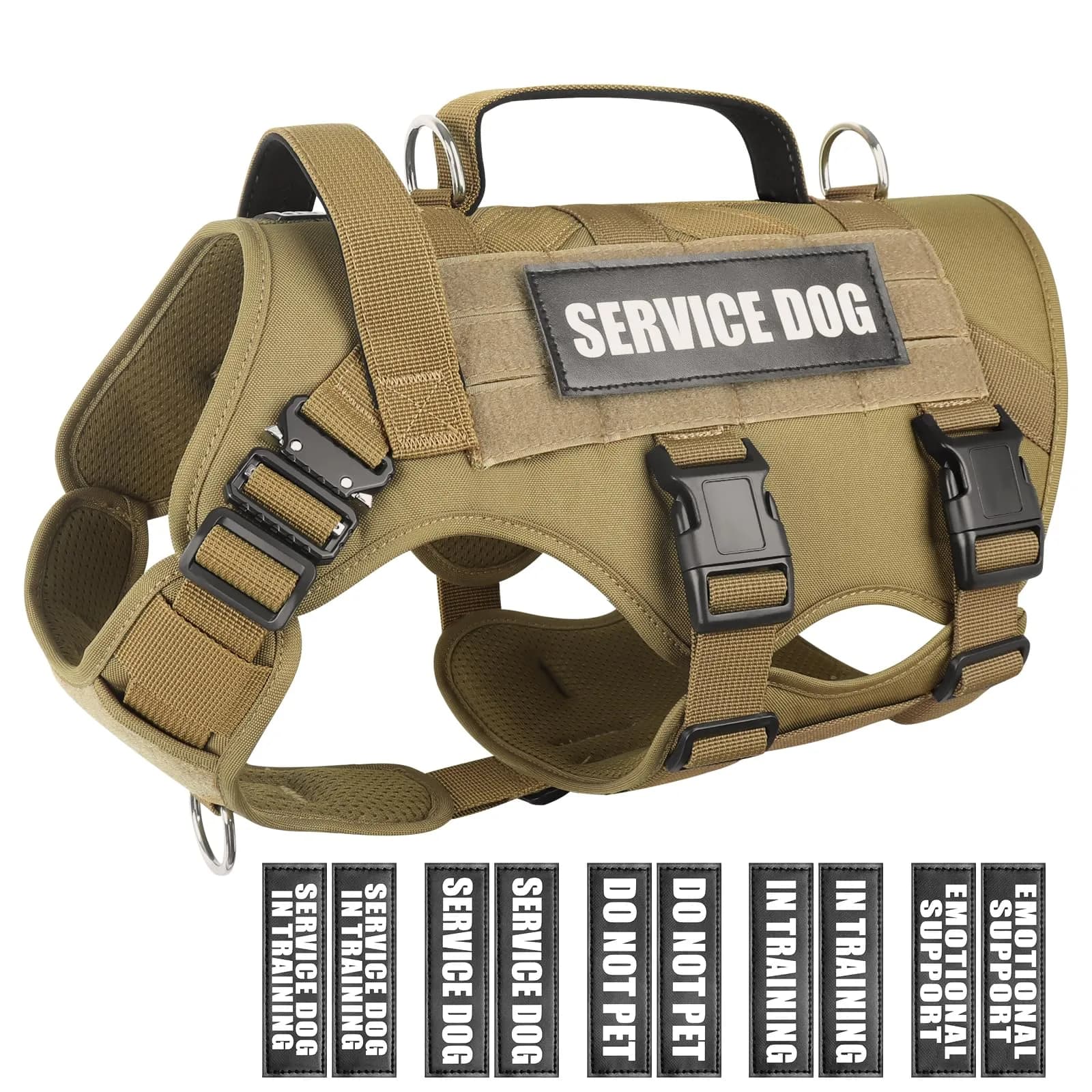 WINSEE Tactical Service Dog Vest Harness for Large Dogs | Heavy Duty MOLLE Vest with 10 Patches, No-Pull Front Clip, 24-39 inch Chest — Brown / Medium
