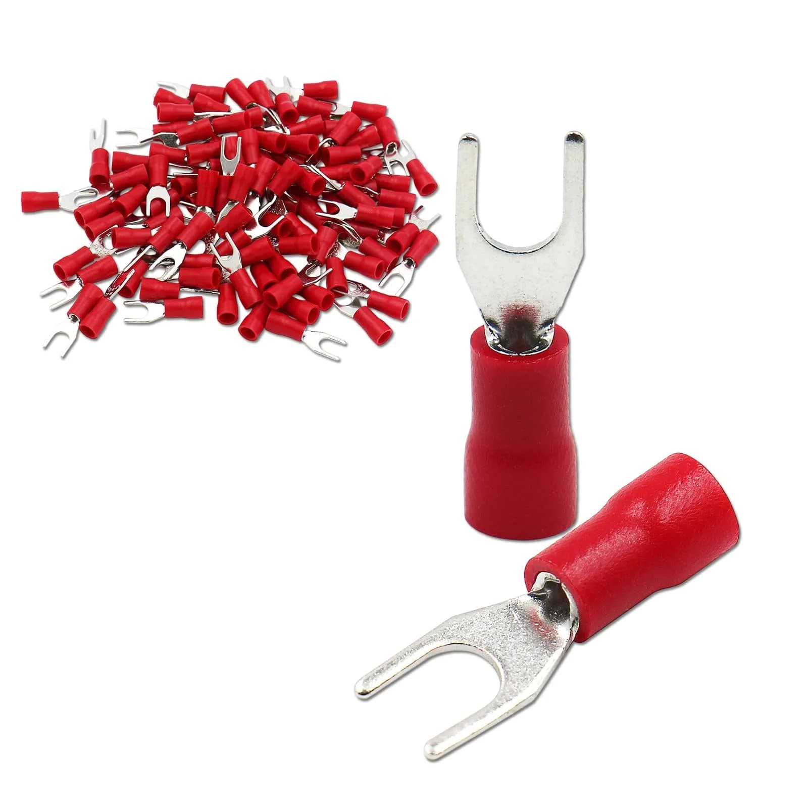 Baomain Red Fork Spade Insulated Terminal Connectors | 22-16 AWG (0.5-1.5mm²) & #8 Stud (4.3mm) | 1000-Pack — Red