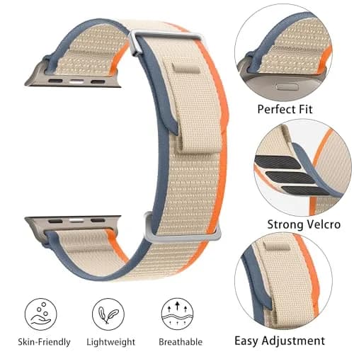 Charmmily Trail Loop Sport Band for Apple Watch Ultra 2/49mm, Series 10/46mm, 9/8/7/6/SE 45mm, 44mm, 42mm - Orange/Beige Woven Nylon thumbnail 2