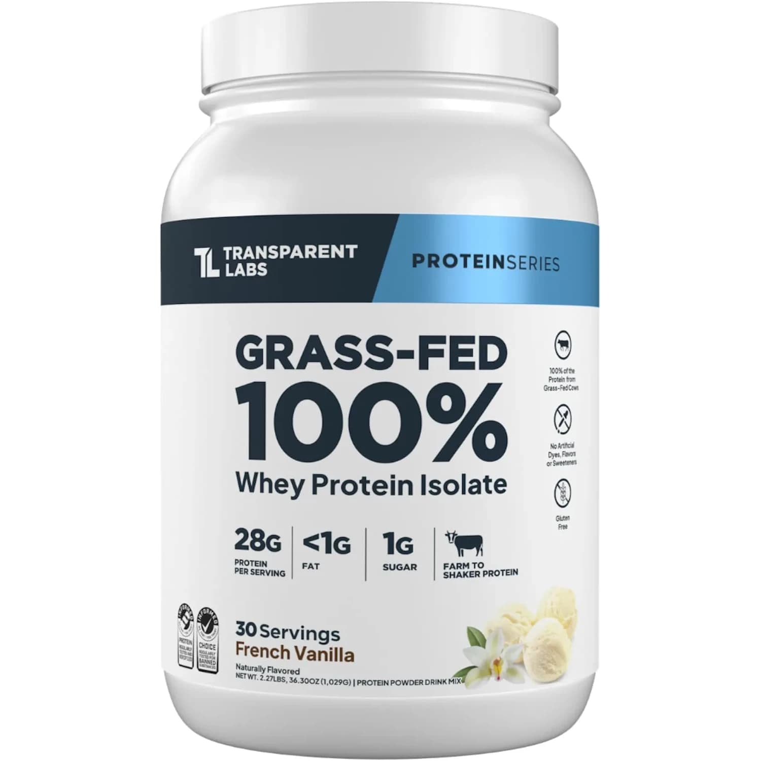 Transparent Labs Grass-Fed Whey Protein Isolate French Vanilla 1029g (36.3 oz) | 28g Protein Per Serving