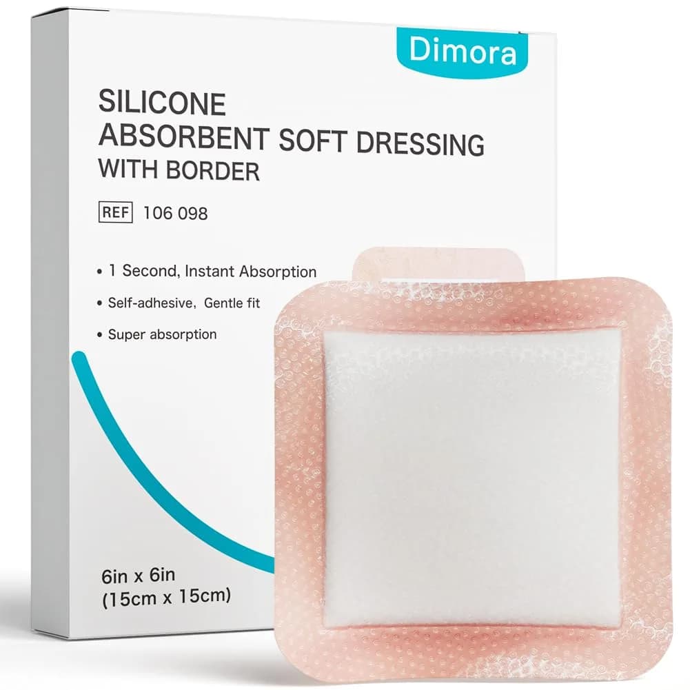Dimora Silicone Super Absorbent Wound Dressing 4" x 8" (10cm x 20cm) | Medical Grade — 6"x 6" / Adhesive