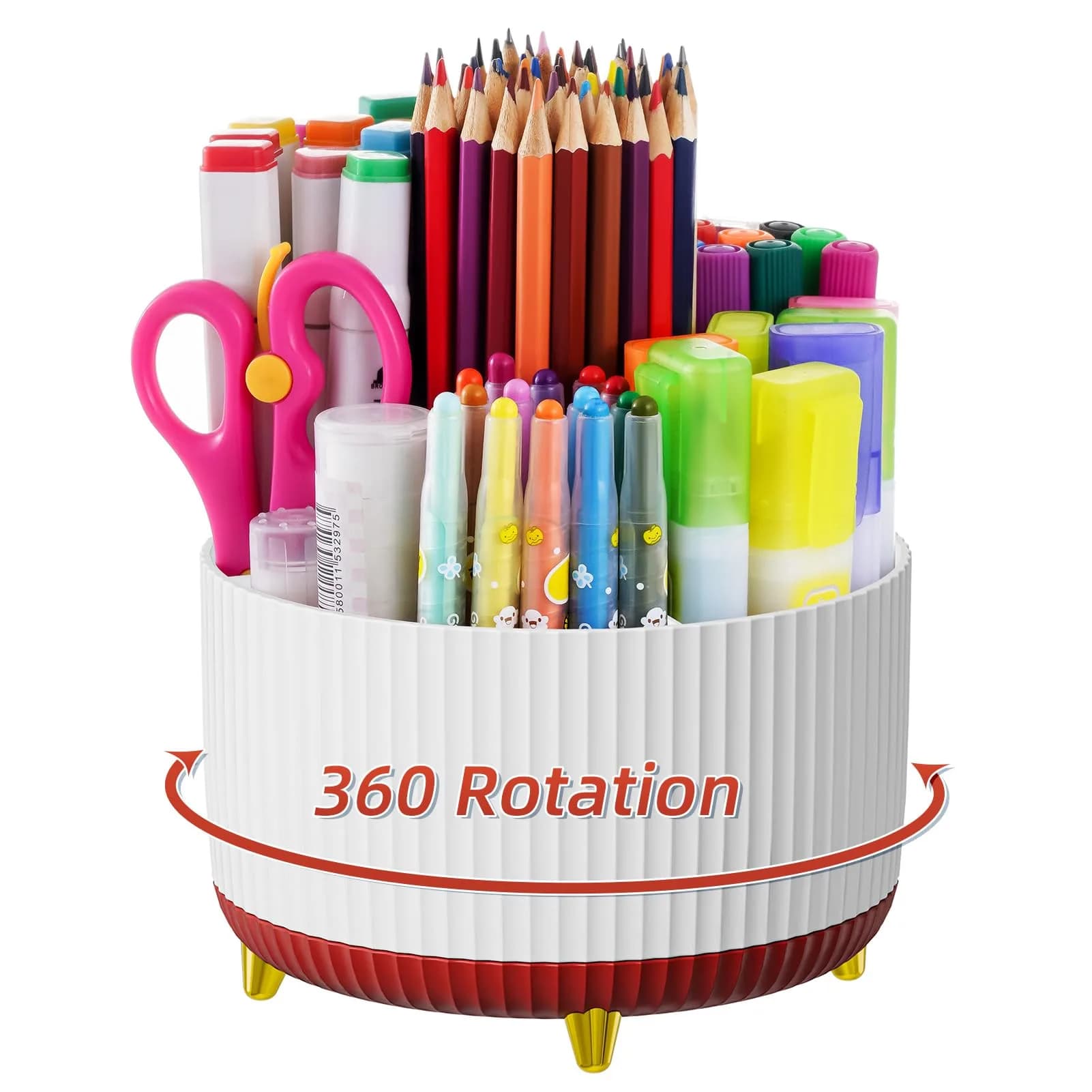 Marbrasse 360 Rotating Desk Organizer 15.7cm (6.18 in) with 5 Compartments | Smooth Rotation for Office, Home, and Craft Supplies — White+Red