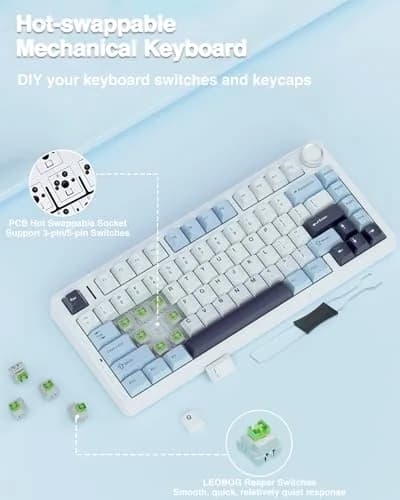 AULA F75 75% Wireless Mechanical Keyboard Glacial Blue | Hot-Swappable, Tri-Mode Connectivity, RGB Backlit, 81 Keys thumbnail 5