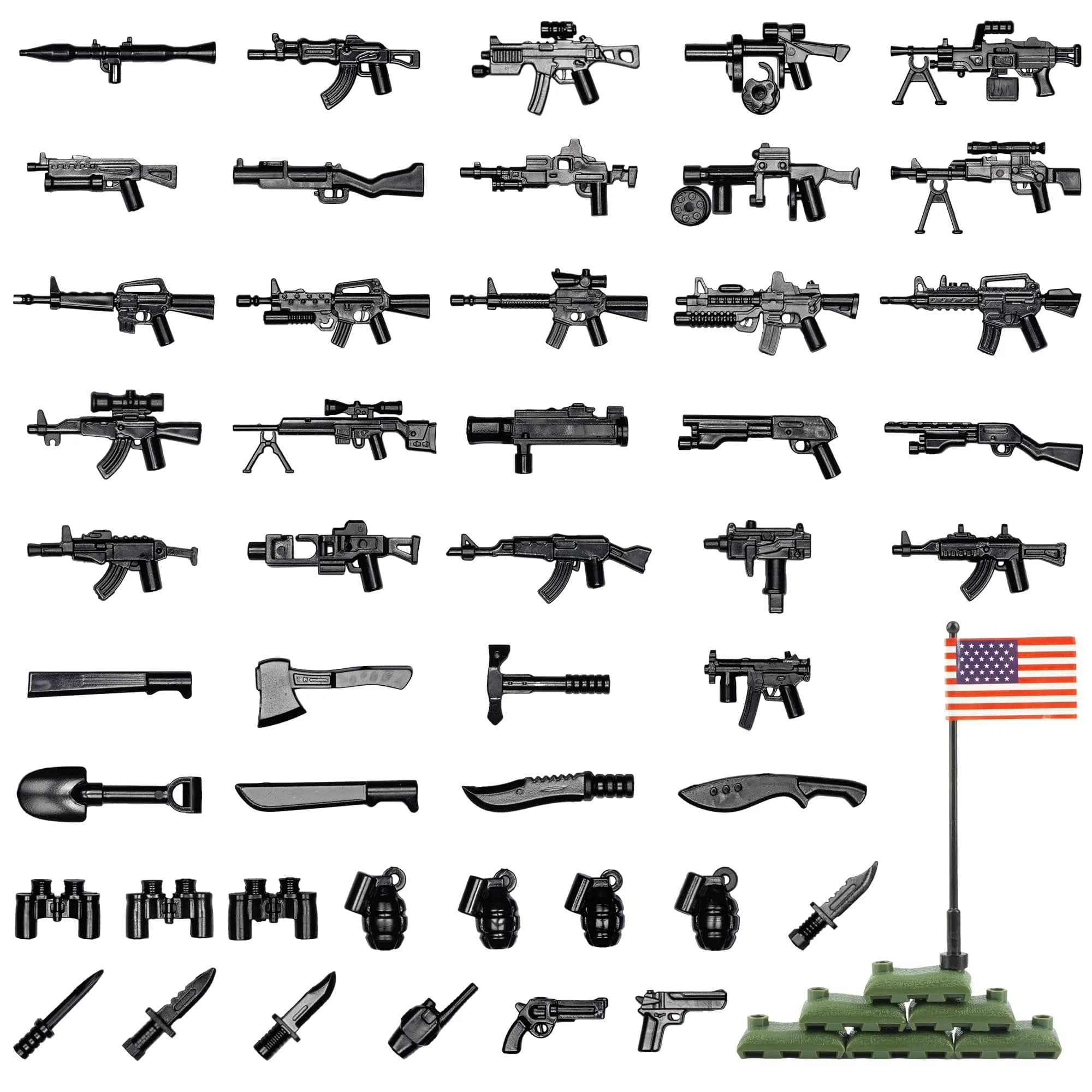MaozyHomie Military U.S. Weapons Pack Toy Set 54 Pcs | Compatible with Major Brands, 3 Years and Up