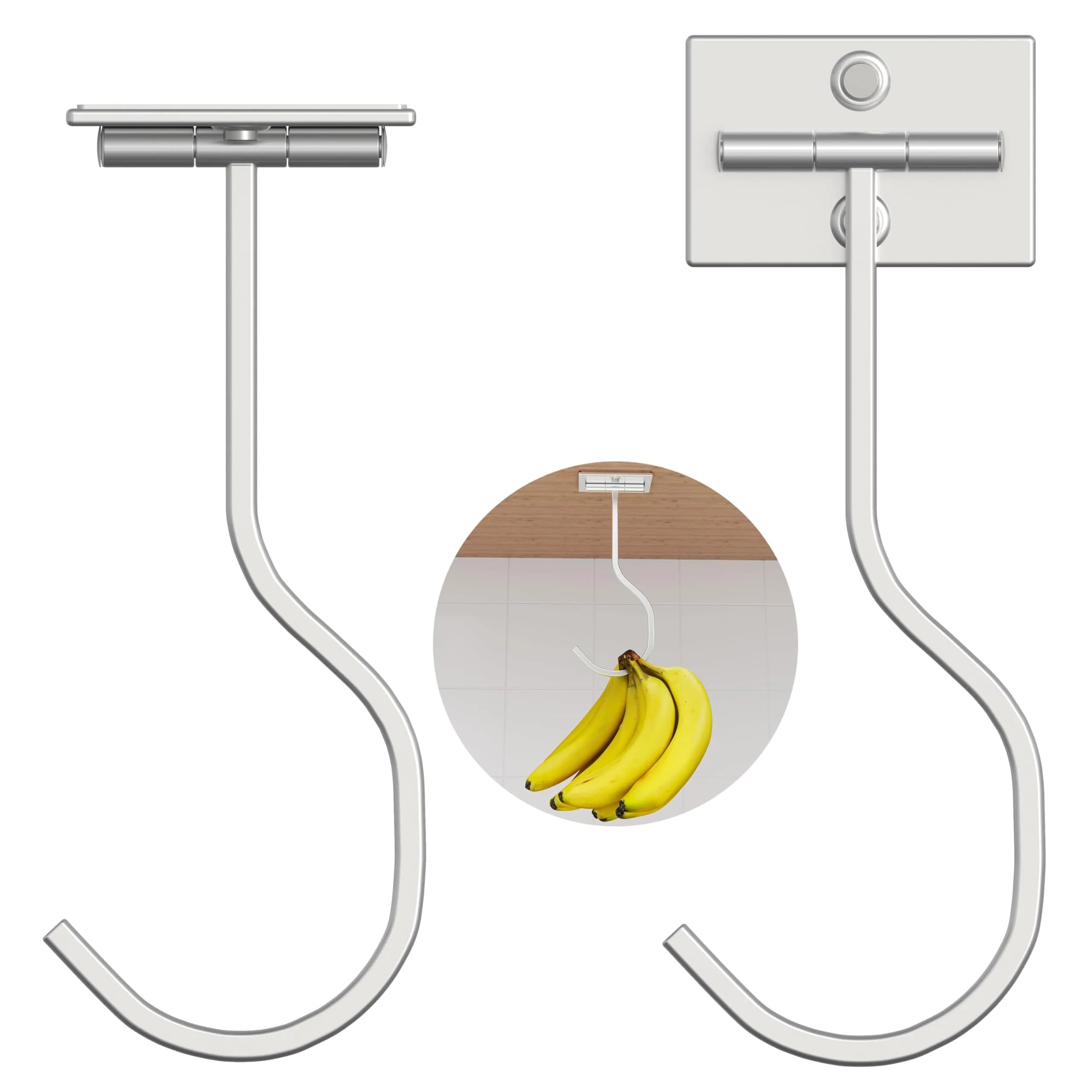 bussdis 2-Pack Self Adhesive Banana Hook, Metal Banana Hanger Hook, Under Cabinet Hook for Kitchen Items, Foldable Banana Hook, Silver