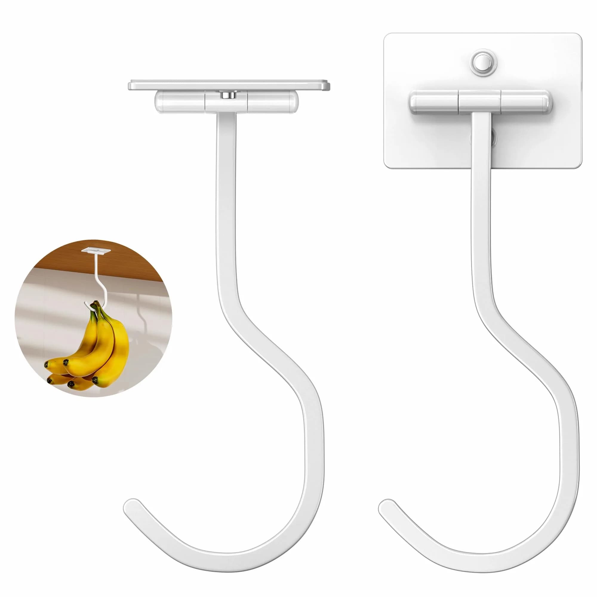 bussdis Adhesive Banana Hook Under Cabinet, White, 2 Pack | Mounts Securely, Frees Counter Space