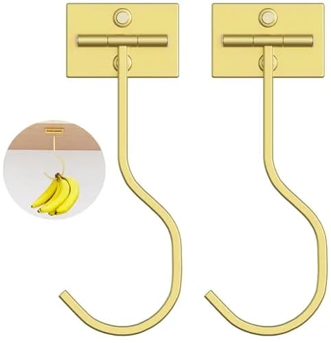 bussdis Foldable Banana Hook Gold | Space-Saving Under Cabinet Holder for Kitchen & RV (2-Pack) thumbnail 1