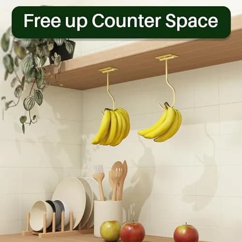 bussdis Foldable Banana Hook Gold | Space-Saving Under Cabinet Holder for Kitchen & RV (2-Pack) thumbnail 4
