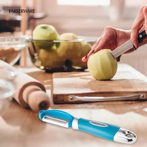 Farberware Pro2 Euro Vegetable Peeler with Ergonomic Handle, Razor-Sharp Stainless Steel Swivel Blade, Dishwasher Safe Kitchen Peeler for Potatoes, Fruits, Veggies - Dark Teal | Peeler Blade thumbnail 6