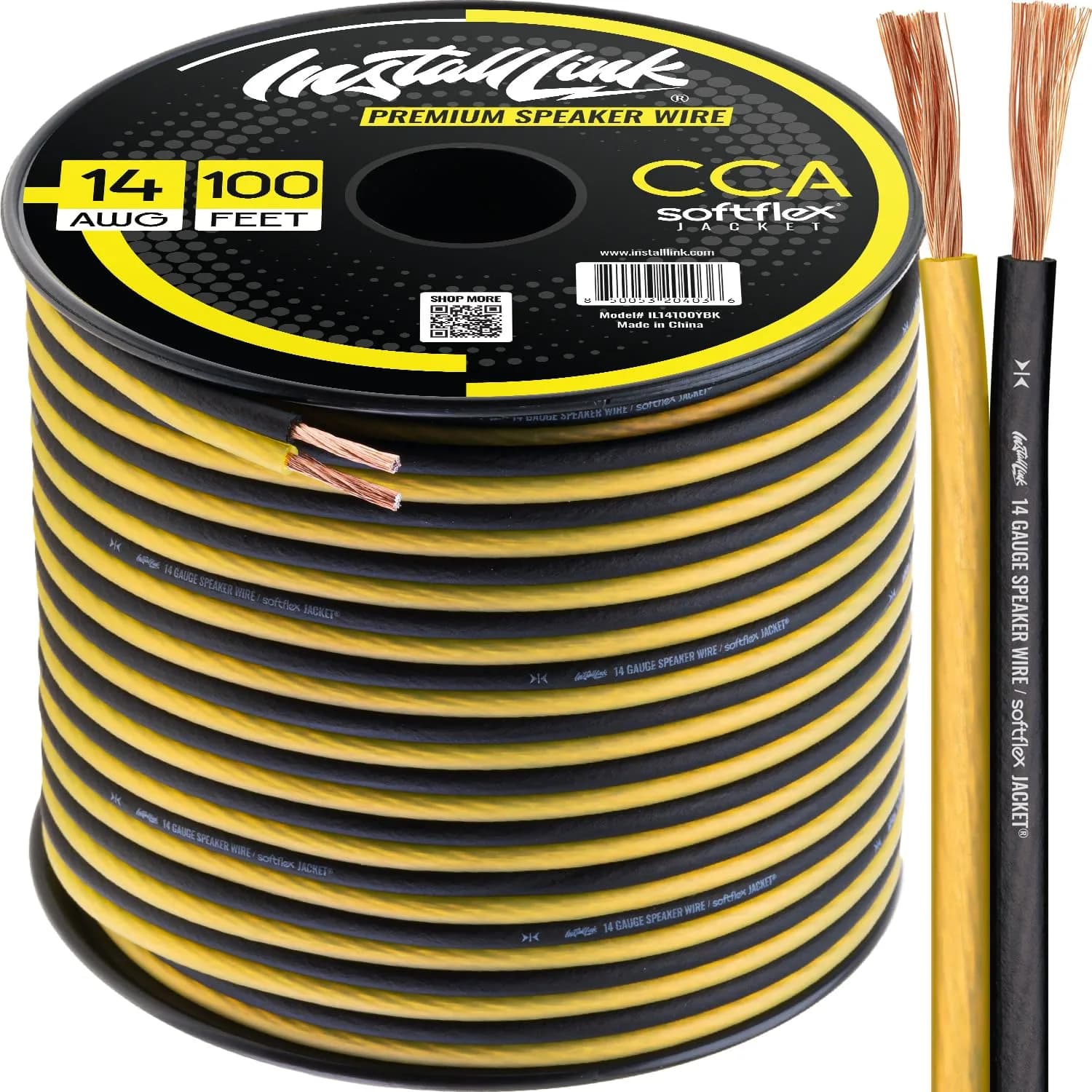 Install Link 14 AWG Gauge Speaker Wire 100 Feet (30.5m) | CCA Copper Clad Aluminum — Frosted Yellow/Black