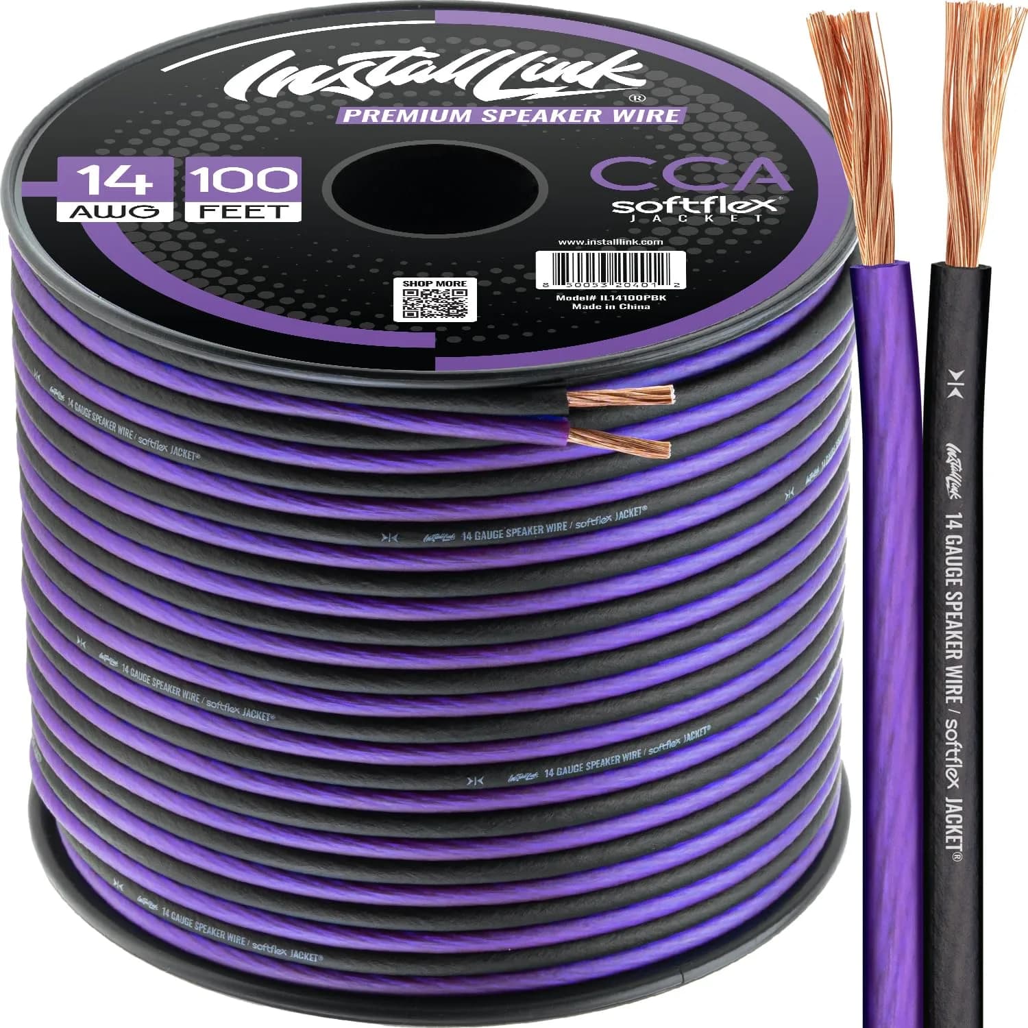Install Link 14 AWG Gauge Speaker Wire 100 Feet (30.5m) | CCA Copper Clad Aluminum — Frosted Purple/Black