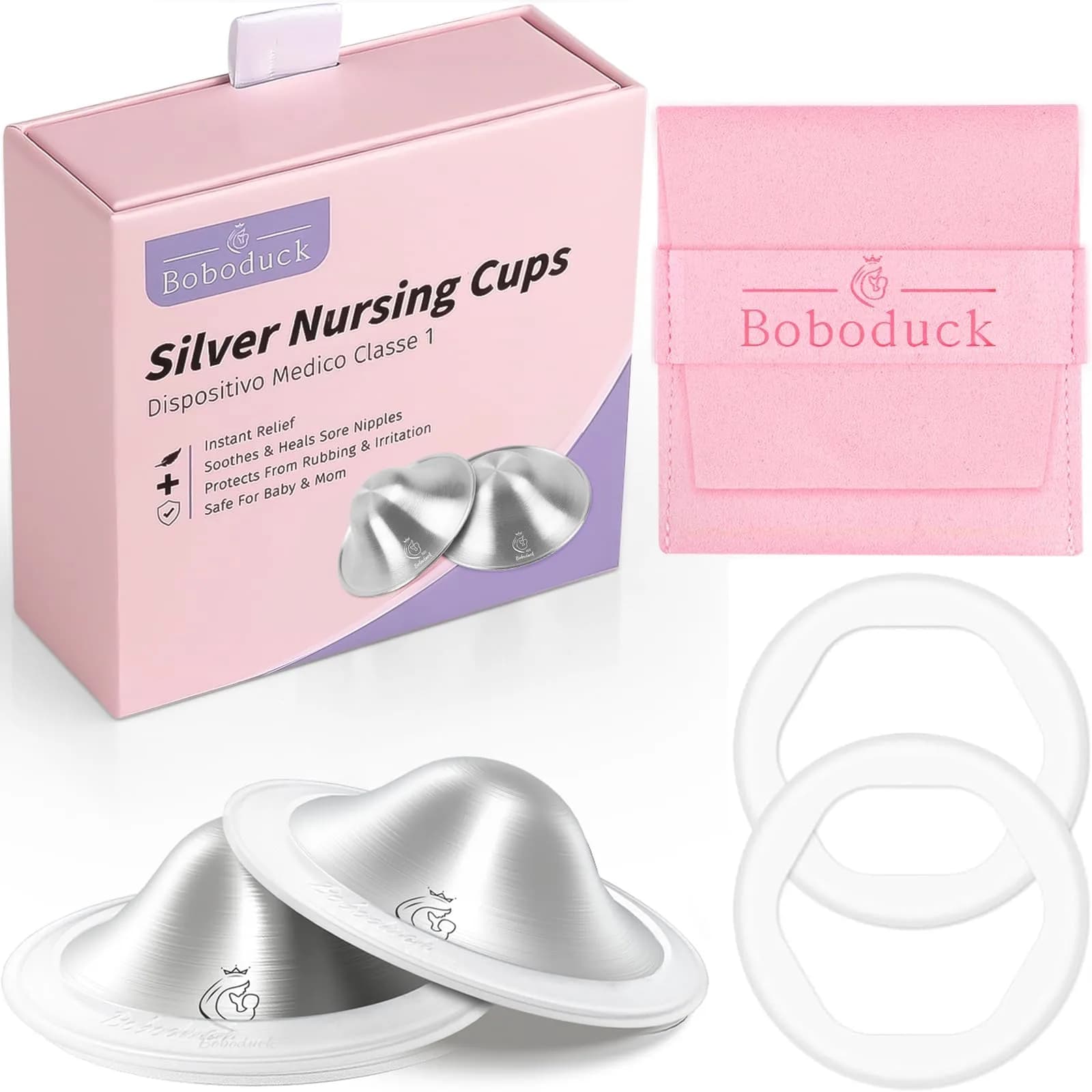 Boboduck 925 Silver Nipple Covers Breastfeeding, Original Silver Nursing Cups with Silicone Ring | Protect & Soothe Sore Nipples — 925k Pure Silver / X-Large
