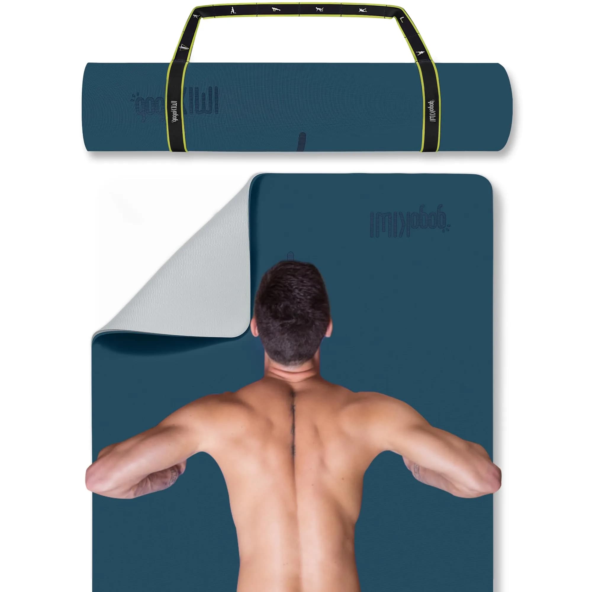 Gogokiwi Extra Wide Yoga Mat 72"L x 36"W x 1/4" (6mm) Thick | Non-Slip Fitness & Exercise Mat with Alignment Marks — Midnight Blue / Mat with Strap / Extra Cushion (1/2 Inch Thick)