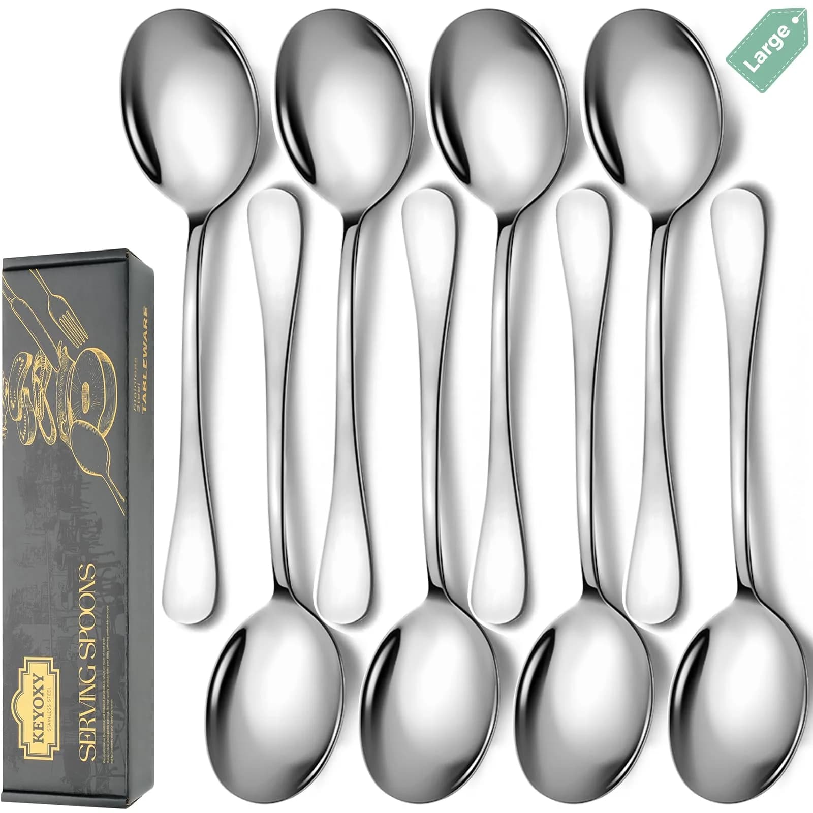 KEYOXY Serving Spoons Set, 8PCS, 10-Inch | Food-Grade Stainless Steel for Parties & Daily Use - main product image