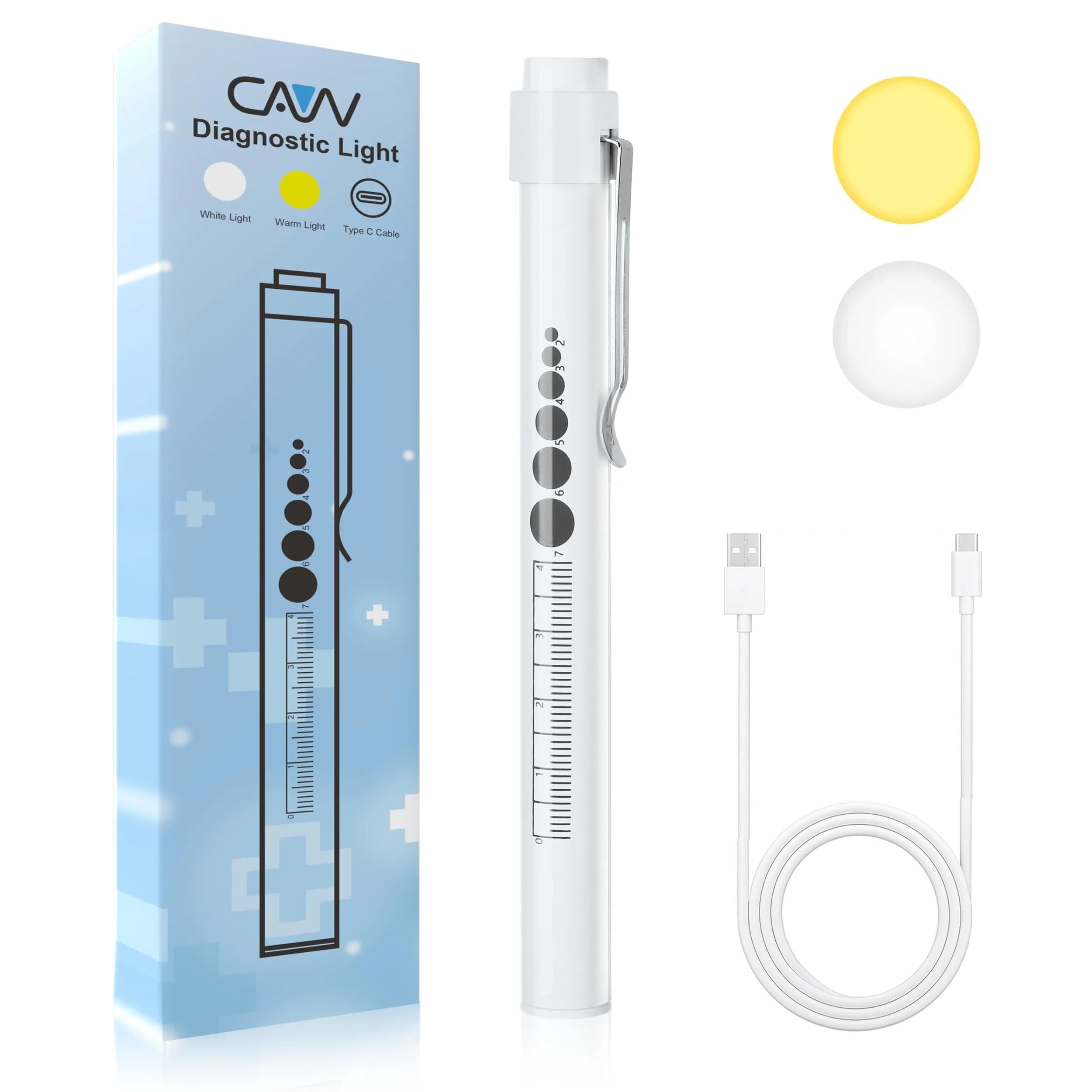 CAVN Rechargeable Pen Light with Pupil Gauge & Ruler | Black 10cm (3.9in) — White