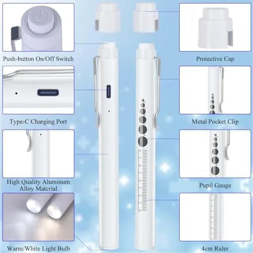 CAVN Rechargeable LED Pen Light with Pupil Gauge & Ruler | 10cm (4in) | White thumbnail 2
