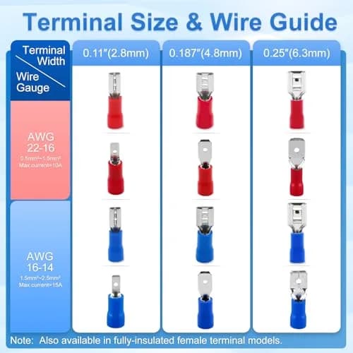 Baomain Male Quick Disconnect Spade Terminals 0.187" | 22-16 AWG, 1000-Pack, Insulated Copper thumbnail 3