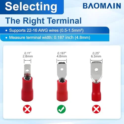Baomain Male Quick Disconnect Spade Terminals 0.187" | 22-16 AWG, 1000-Pack, Insulated Copper thumbnail 4