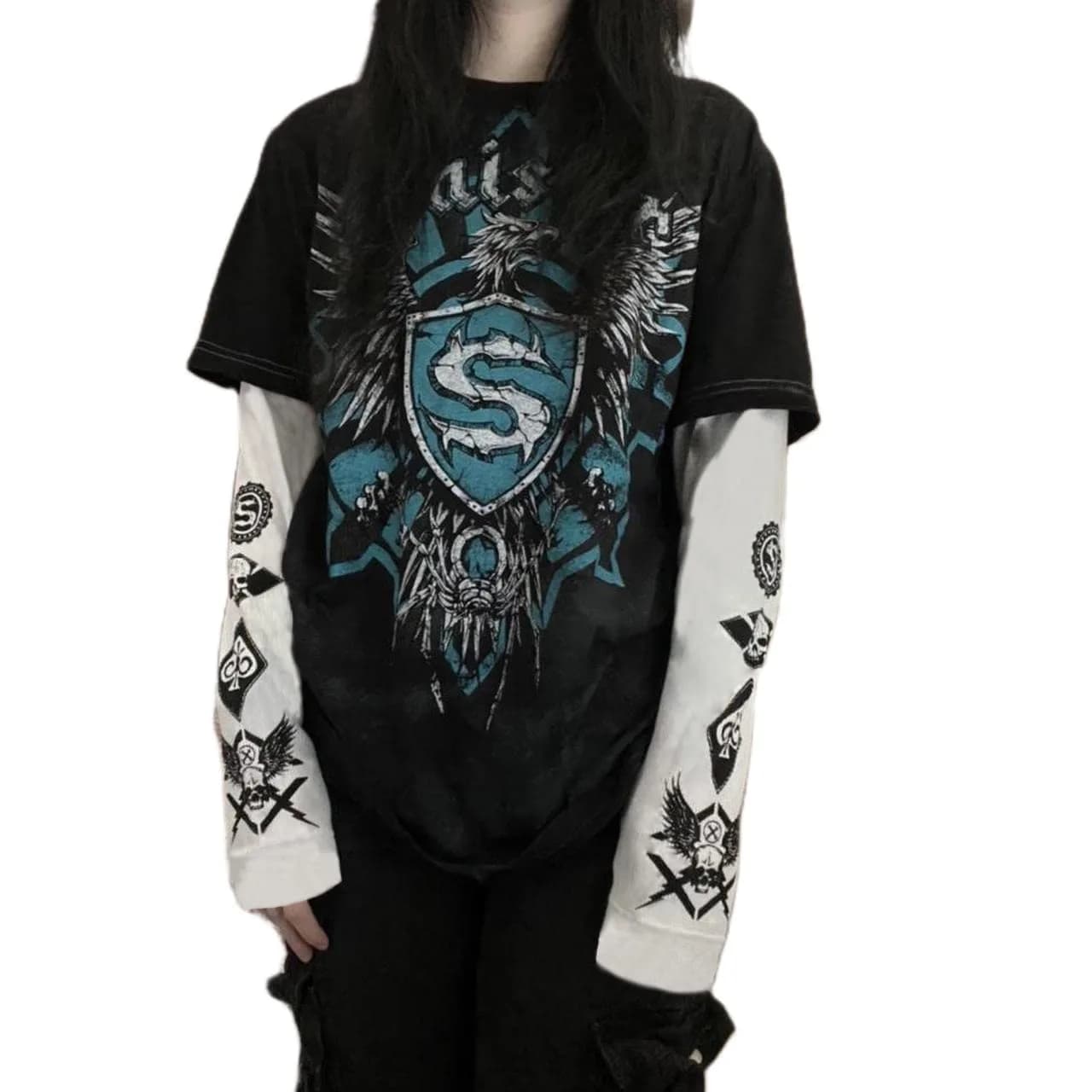 GGOOB Gothic Shirt Fake Two-Piece Long Sleeve Top Large | Gothic Style, Unisex, Cotton-Polyester Blend — Blue / Large
