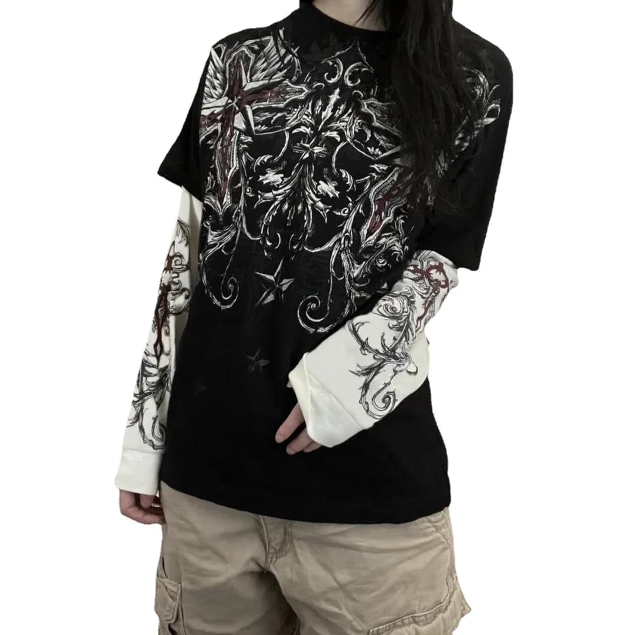 GGOOB Gothic Shirt Fake Two-Piece Long Sleeve Top Large | Gothic Style, Unisex, Cotton-Polyester Blend — Black / Small