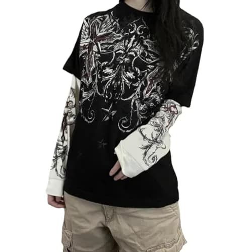 GGOOB Gothic Shirt Fake Two-Piece Long Sleeve Top Large | Gothic Style, Unisex, Cotton-Polyester Blend thumbnail 1