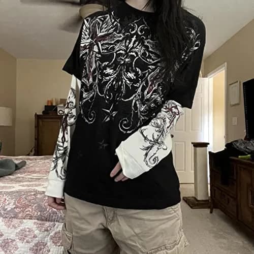 GGOOB Gothic Shirt Fake Two-Piece Long Sleeve Top Large | Gothic Style, Unisex, Cotton-Polyester Blend thumbnail 2