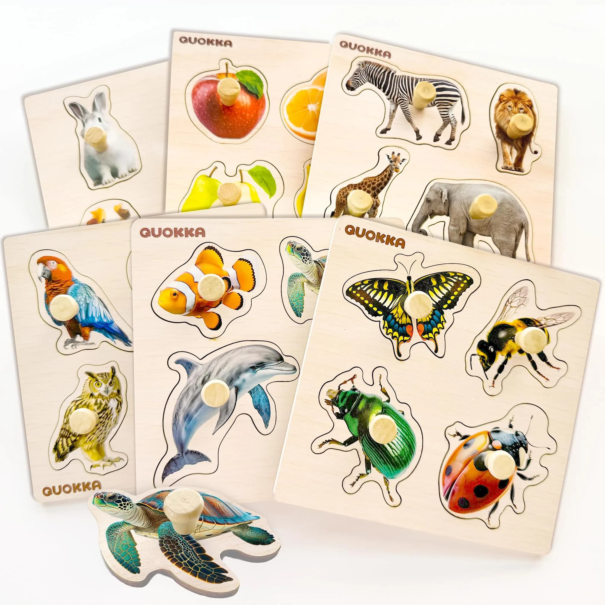 Quokka Wooden Pegged Puzzles for Toddlers 1-3 - 6 Puzzles with Animals, Fruits, Shapes (15cm x 15cm)