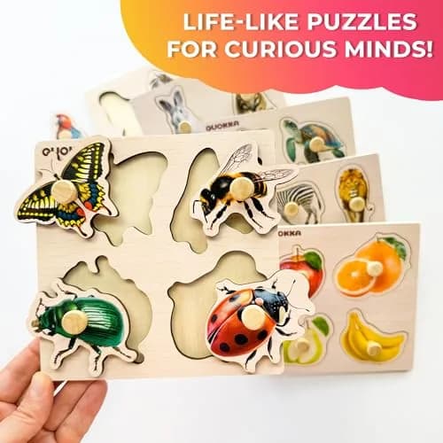 Quokka Wooden Pegged Puzzles for Toddlers 1-3 - 6 Puzzles with Animals, Fruits, Shapes (15cm x 15cm) thumbnail 4