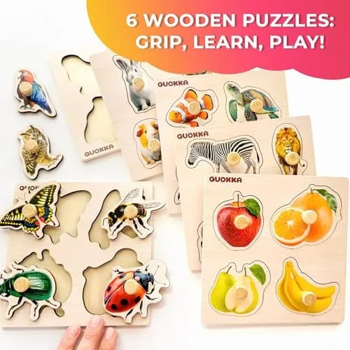 Quokka Wooden Pegged Puzzles for Toddlers 1-3 - 6 Puzzles with Animals, Fruits, Shapes (15cm x 15cm) thumbnail 2