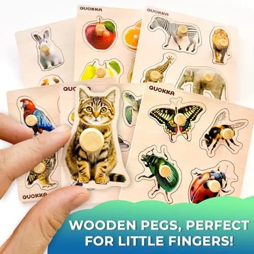 Quokka Wooden Pegged Puzzles for Toddlers 1-3 - 6 Puzzles with Animals, Fruits, Shapes (15cm x 15cm) thumbnail 3