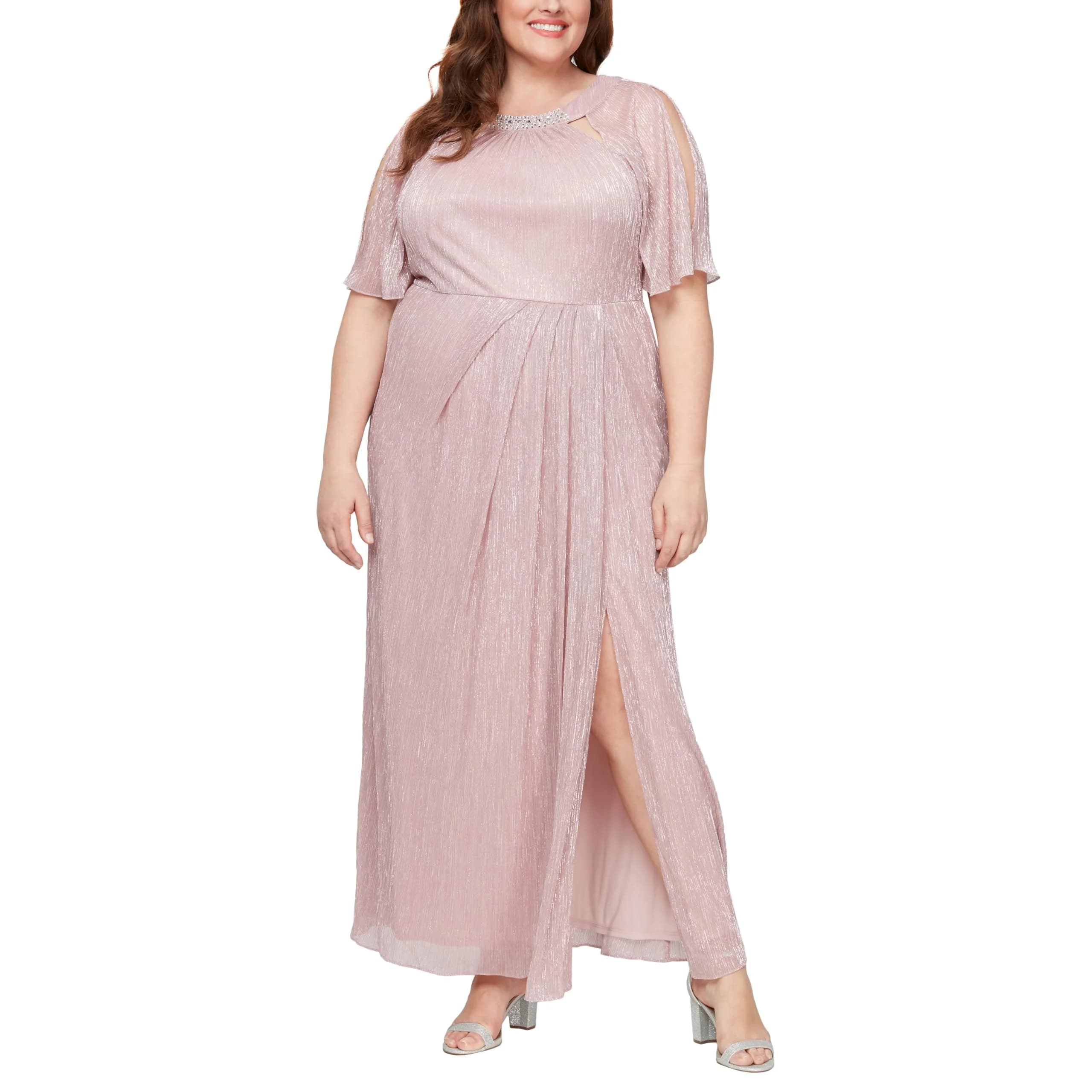 S.L. Fashions Women's Long A-Line Mother of the Bride Dress with Ruched Waist (Plus Size), Faded Rose with Front Slit | Elegant Evening Gown - main product image