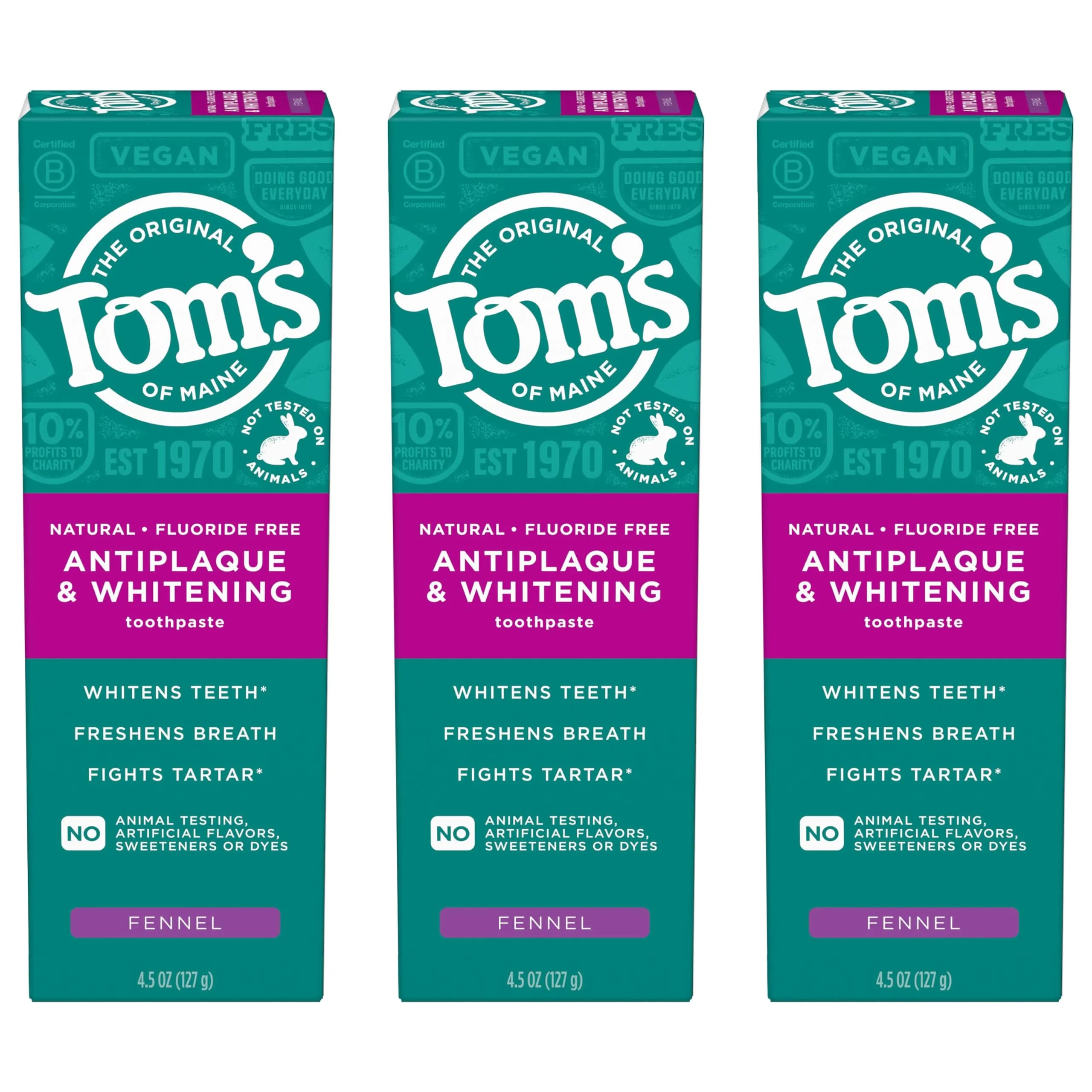 Tom's of Maine Antiplaque and Whitening Toothpaste Fennel 3 Pack 4.5 oz (127.5g) | Fluoride Free Natural Whitening - main product image
