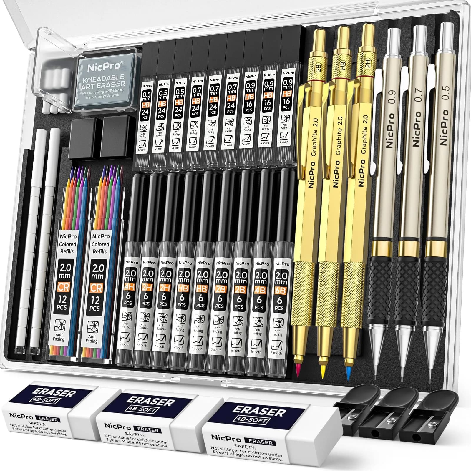 Nicpro 37PCS Art Mechanical Pencil Set, 6PCS Drafting Pencils & 21 Tubes Lead Refills | Smooth Writing & Drawing — Gold / 0.5 0.7 0.9 2.0