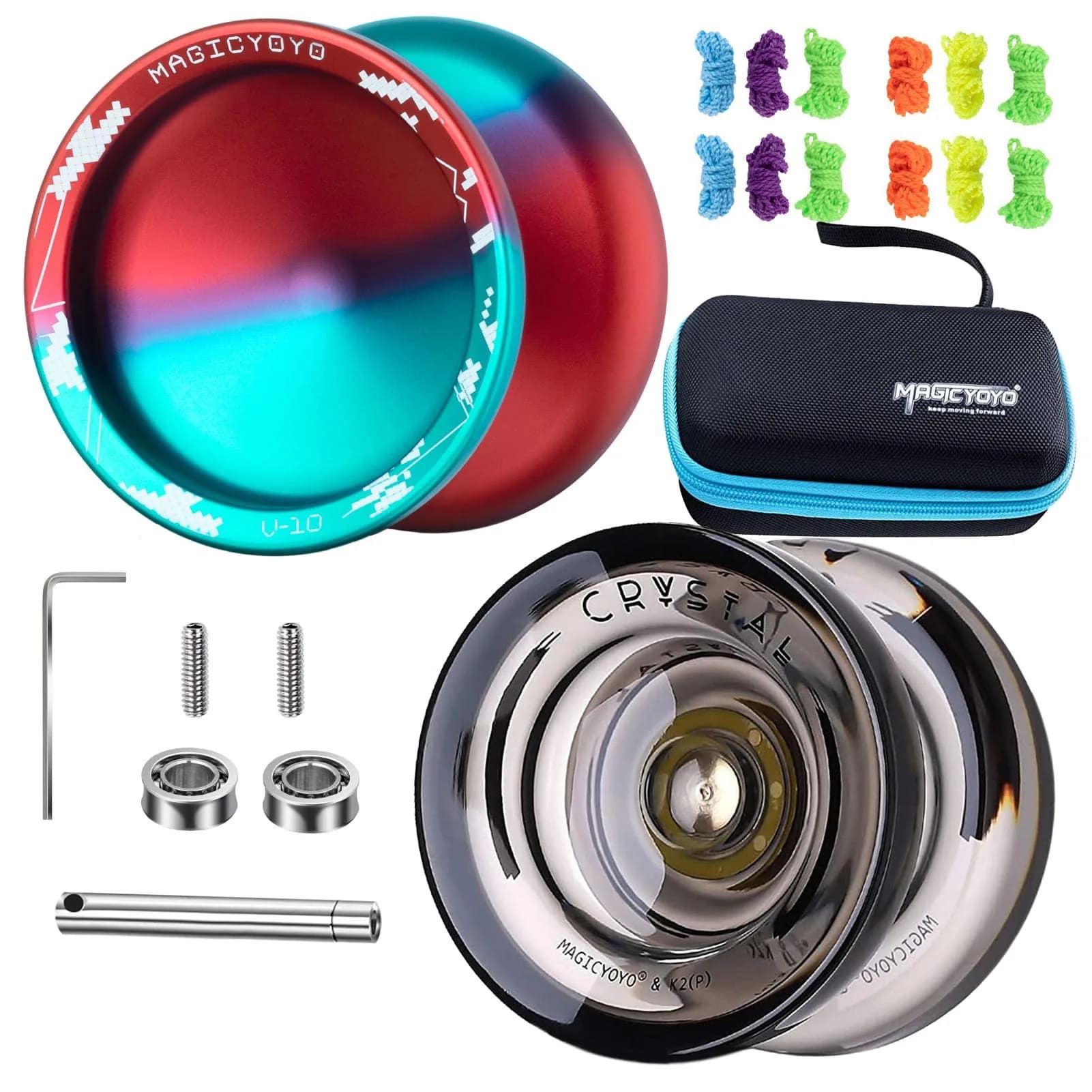 MAGICYOYO V10 Professional Finger Spin Yoyo for DNA Tricks | Metal Yoyo with Responsive & Unresponsive Modes — V10 Blue Red & K2 Crystal Black