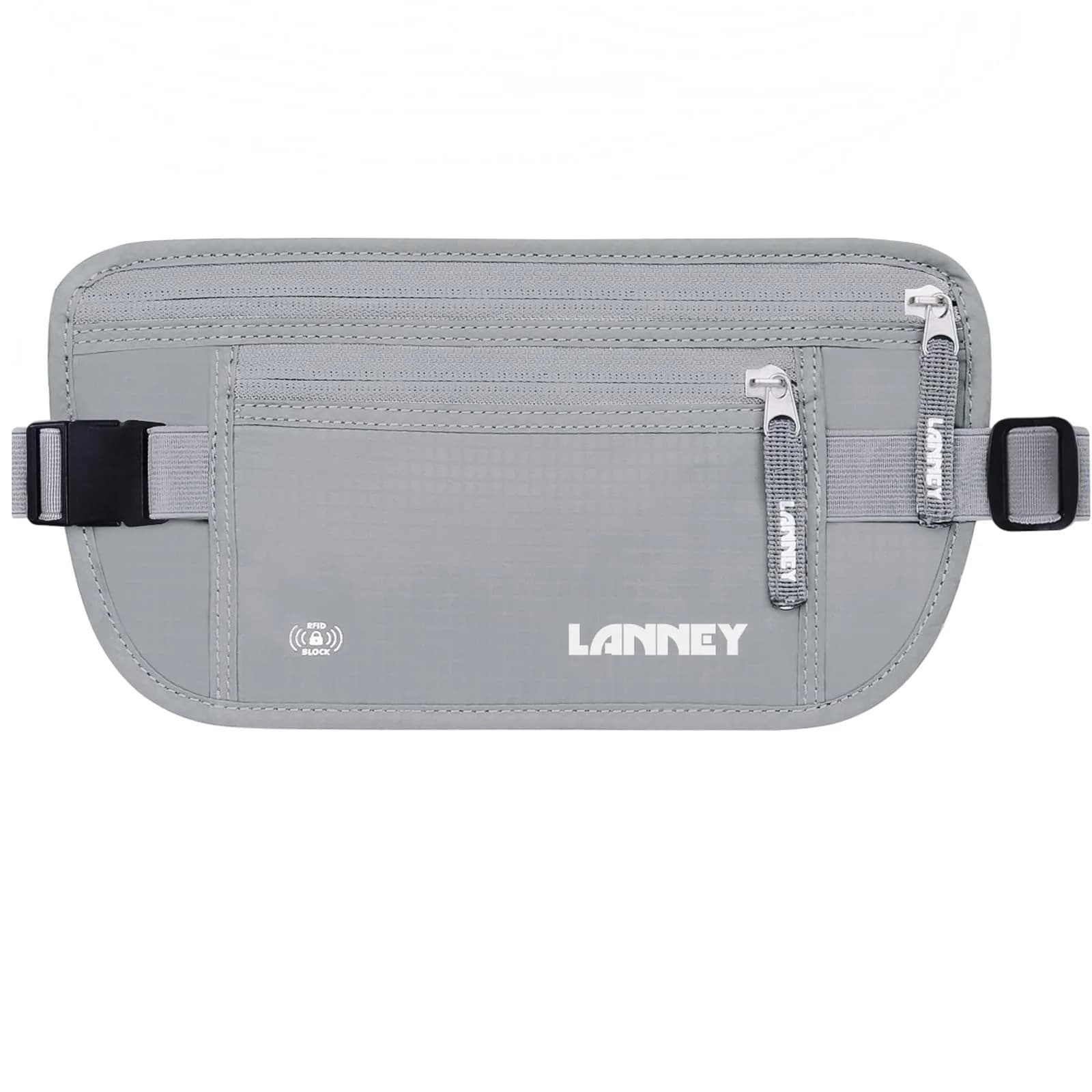 LANNEY Slim RFID Blocking Money Belt with Passport Holder & 2 RFID Sleeves | 27cm (10.6") x 14cm (5.5") — Grey