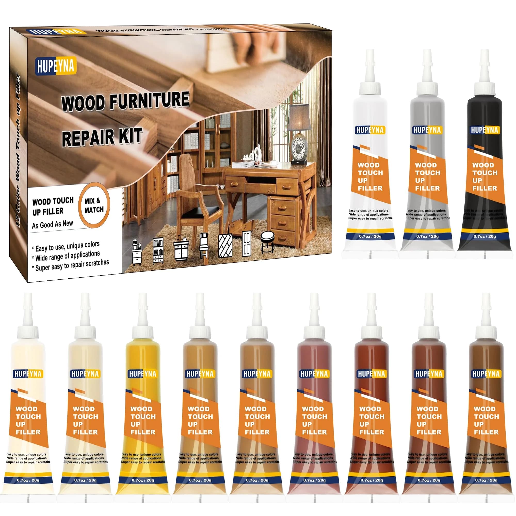 Hupeyna Wood Furniture Repair Kit, 12 Colors, Wood Fillers | Restore Scratches & Chips