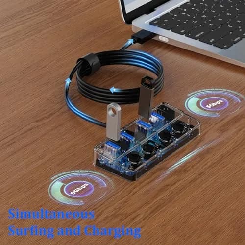 Q QEEFUN 4-Port USB 3.0 Hub with Type-C Power Port & 4ft Cable, Individual Switches, 5Gbps Data Transfer thumbnail 4