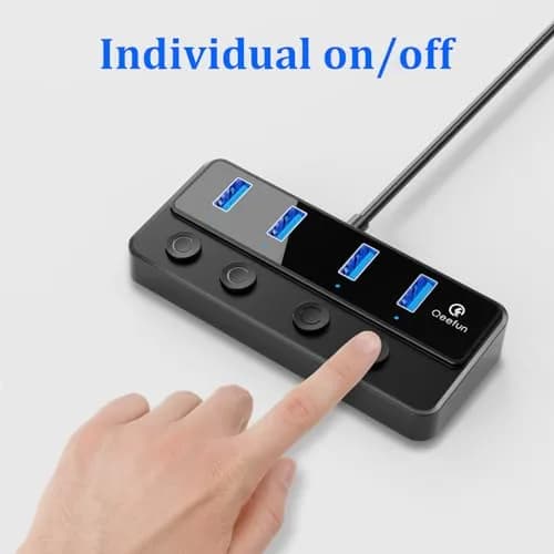 Q QEEFUN 4-Port USB 3.0 Hub with Type-C Power Port & 4ft Cable, Individual Switches, 5Gbps Data Transfer thumbnail 5