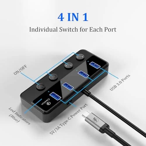 Q QEEFUN 4-Port USB 3.0 Hub with Type-C Power Port & 4ft Cable, Individual Switches, 5Gbps Data Transfer thumbnail 6