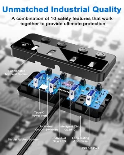 Q QEEFUN 4-Port USB 3.0 Hub with Type-C Power Port & 4ft Cable, Individual Switches, 5Gbps Data Transfer thumbnail 8