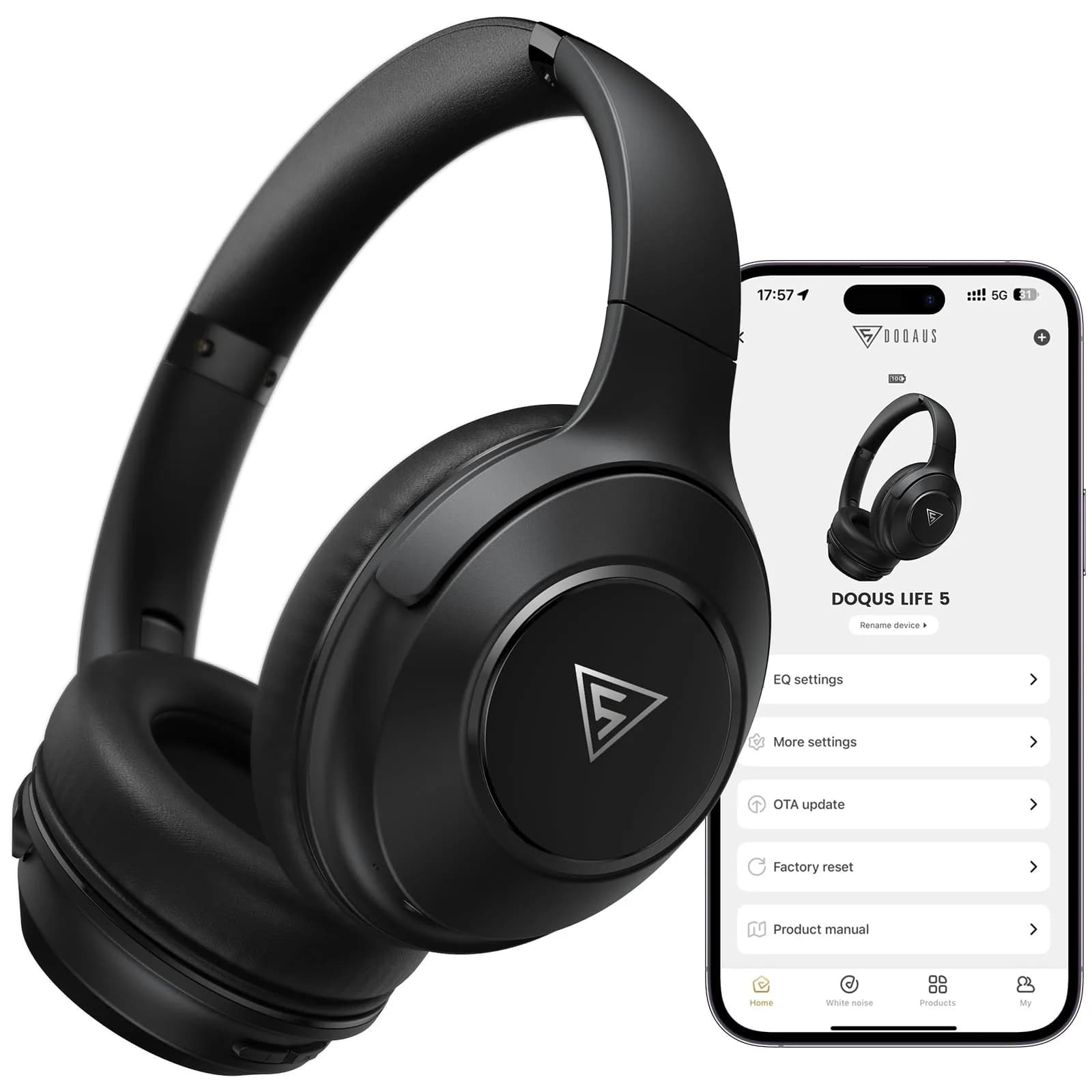 DOQAUS LIFE 5 Over-Ear Bluetooth Headphones with App Control & 9 EQ Modes | 70-Hour Battery, Black — Black