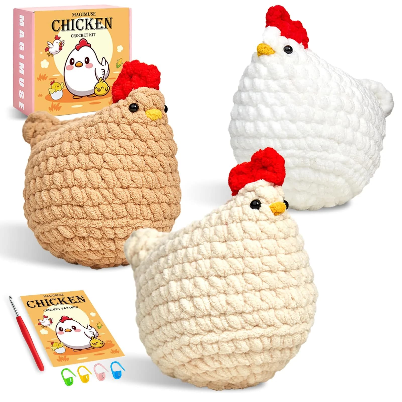 MAGIMUSE Crochet Kit for Beginners, 3 Pcs Chicken Crochet Craft Kit | Step-by-Step Video & Extra Yarn