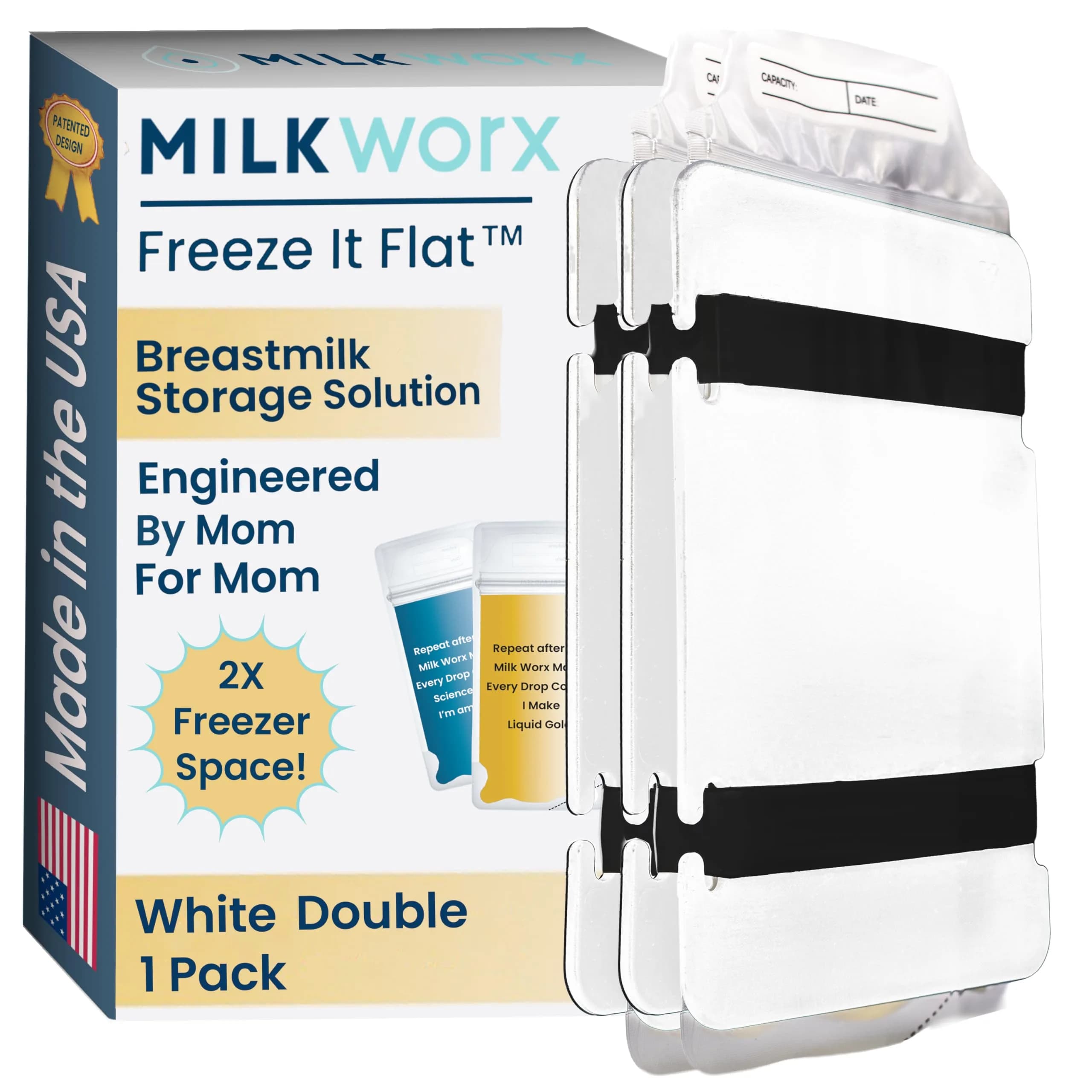 MilkWorx Freeze It Flat Breastmilk Freezer Organizer Yellow Single 1pk | Patented USA-Made for Efficient Freezer Storage — White / Double 1-pk