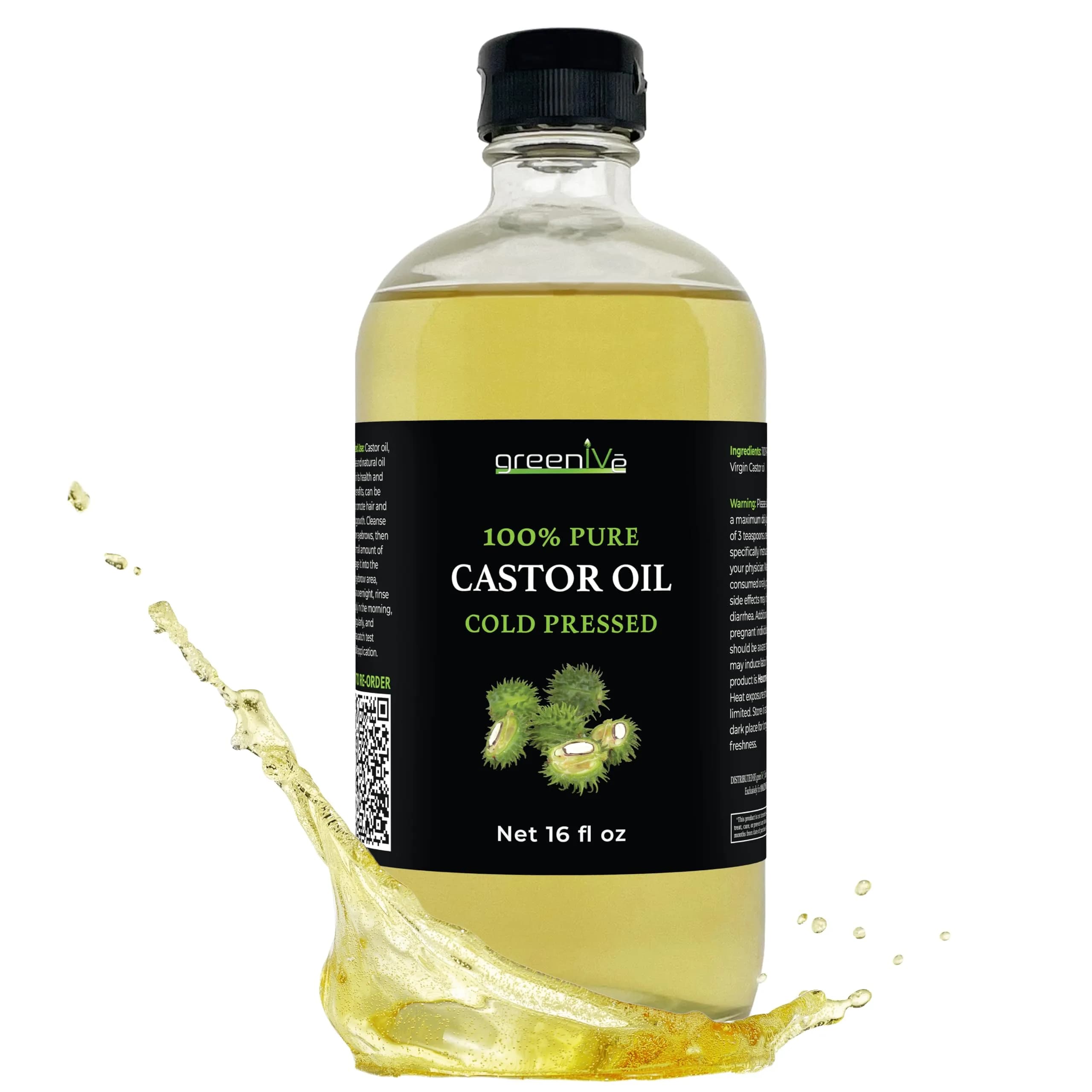 GreenIVe 100% Pure Cold-Pressed Castor Oil 120ml (4 Fl Oz) | For Hair Growth, Eyelashes, Eyebrows, Skin Moisturizer — 16 Fl Oz