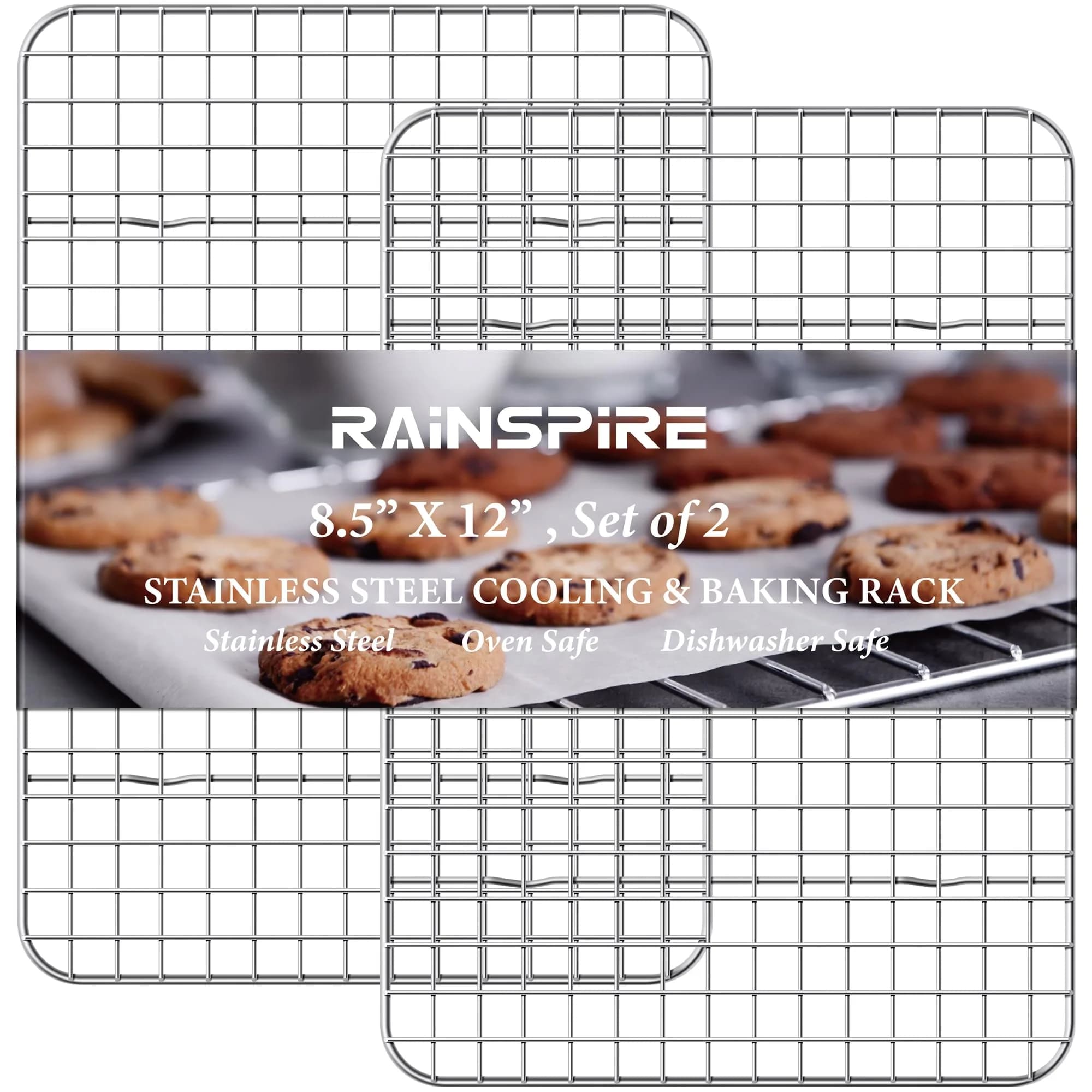 Rainspire 304 Stainless Steel Cooling Racks 21cm x 30cm (8.5"x12") 2-Pack | Rust-Resistant Oven-Safe Wire Racks for Baking & Roasting